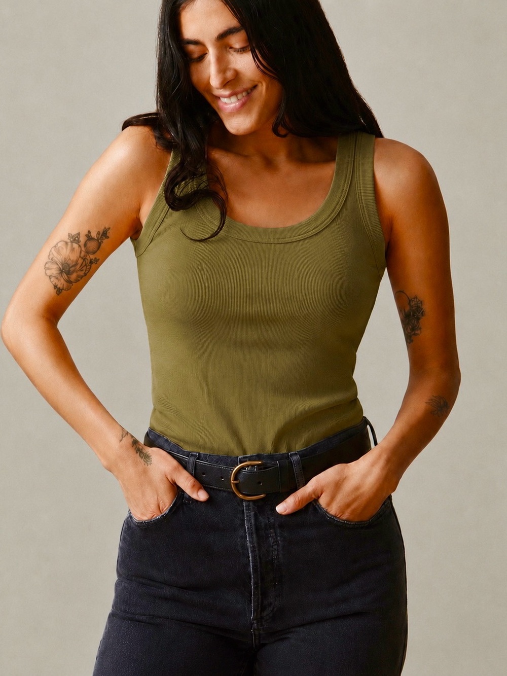 American Giant Size Large Ribbed Tank Top in Olive / Rusty Green